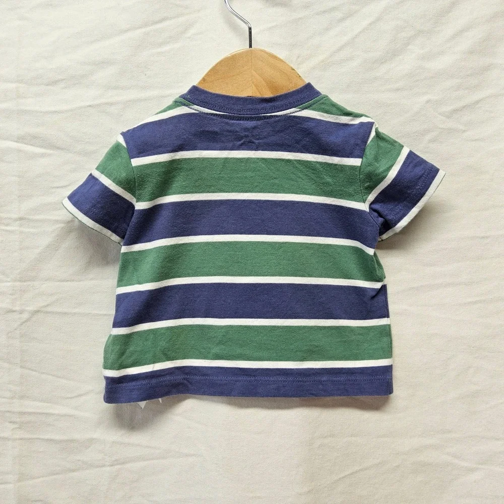 Ralph Lauren Polo Bear T-Shirt Baby 3M Blue Green Striped Short Sleeve Snaps